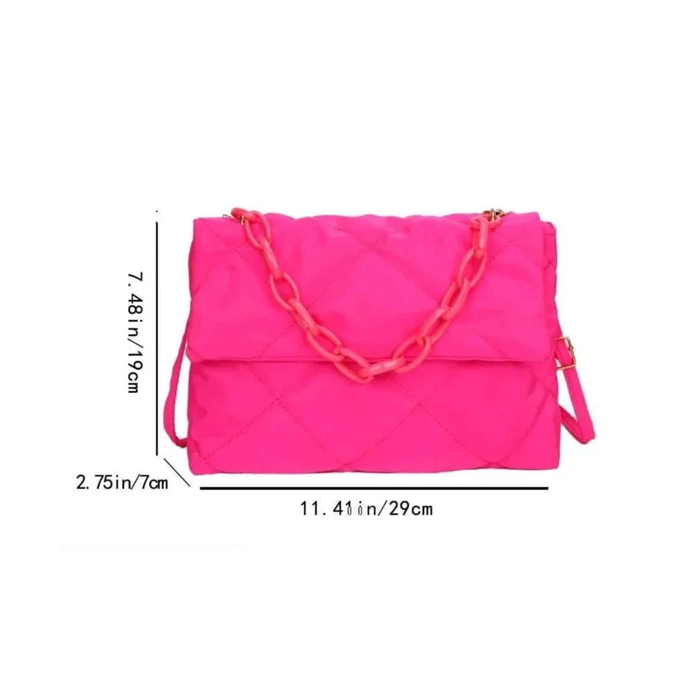 Neon Pink Quilted Nylon Rectangle Crossbody Shoulder Handbag With Chain